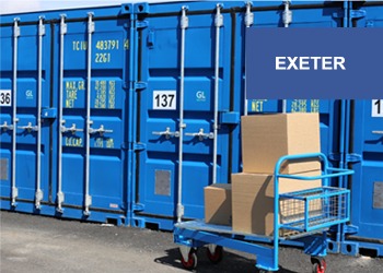 Boxes on a trolley outside a container at Storage Factory Exeter
