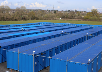 Rows of blue storage containers at Storage Factory Exeter